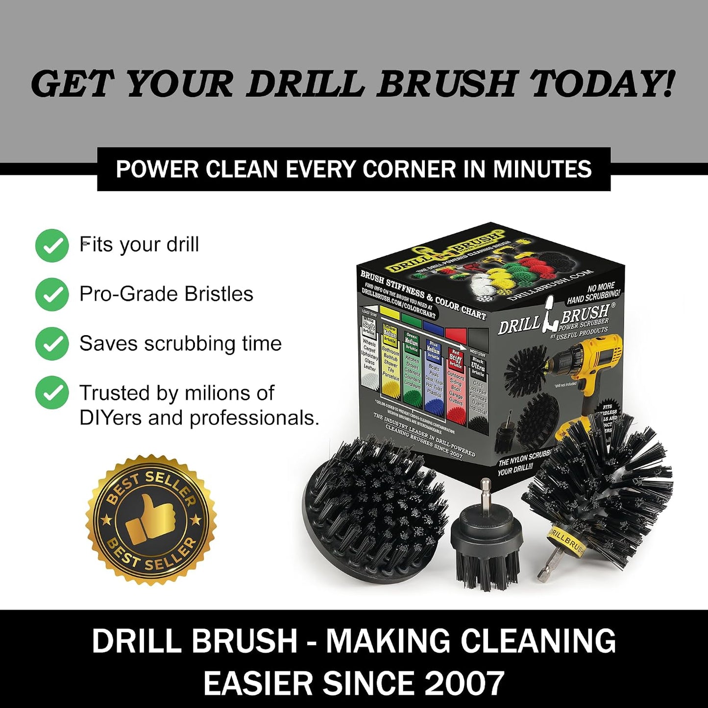Cordless Power Spin Scrubber Drill Attachment - Electric Dish Scrubber Spin | Medium Drill Brush Attachments for Cleaning Tile, Grout, Dishes, Pots, Pans, Air Fryers, Fish Tanks, Boat Seats & Boat Hulls