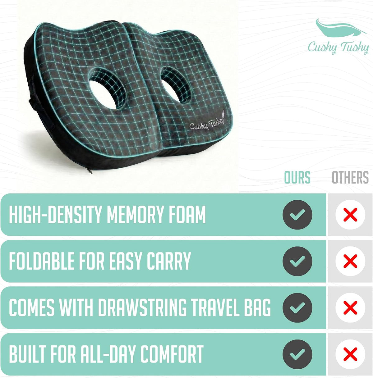 Cushy Tushy Premium Foldable Travel Seat Cushion - for Relief of Lower Back, Sciatic, Butt and Tailbone Pain - for Home & Office Use, Perfect for Travel or Driving - Coccyx Seat Cushion