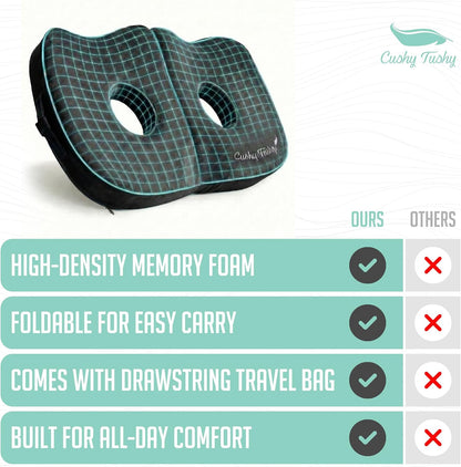 Cushy Tushy Premium Foldable Travel Seat Cushion - for Relief of Lower Back, Sciatic, Butt and Tailbone Pain - for Home & Office Use, Perfect for Travel or Driving - Coccyx Seat Cushion