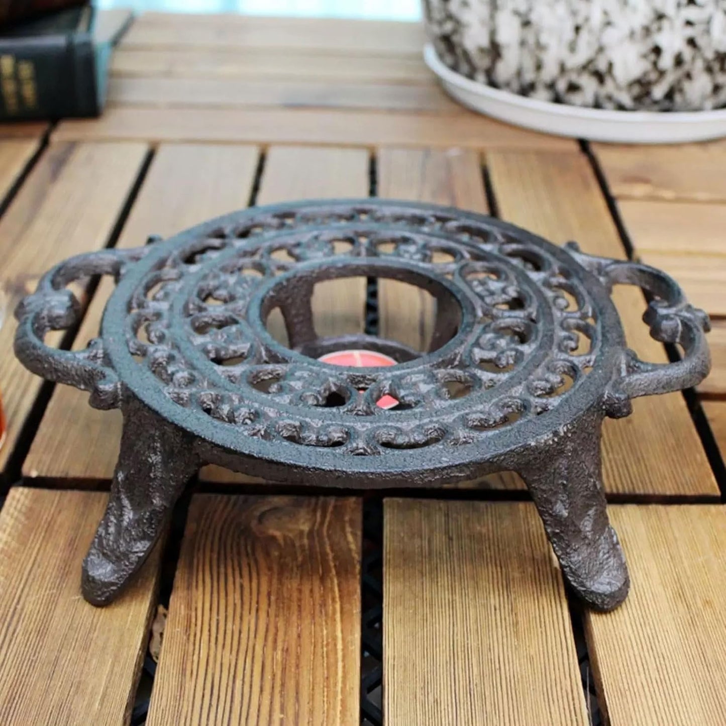 6.1 Inches Cast Iron Teapot Warmer Dish Cups Trivet,Flower-Shaped Design with Tealight Holder - Heavy Duty & Decorative Candle Holder Stands for Heat Food Coffee Milk or Tea