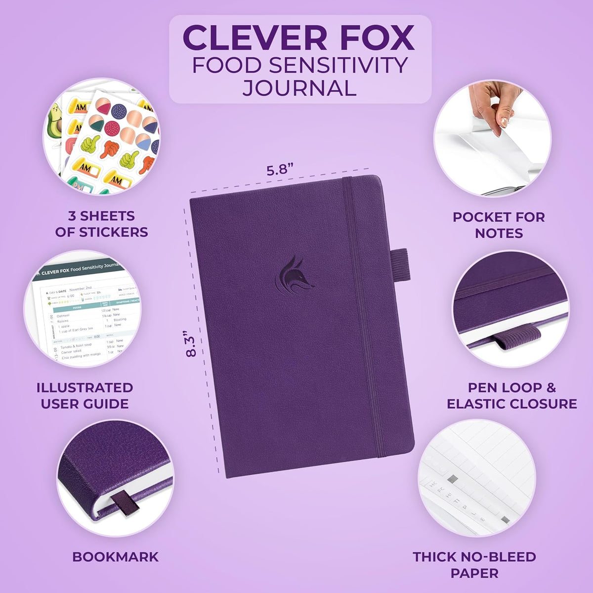 Clever Fox Food Sensitivity Journal & Symptom Diary, 8.5x11 Purple