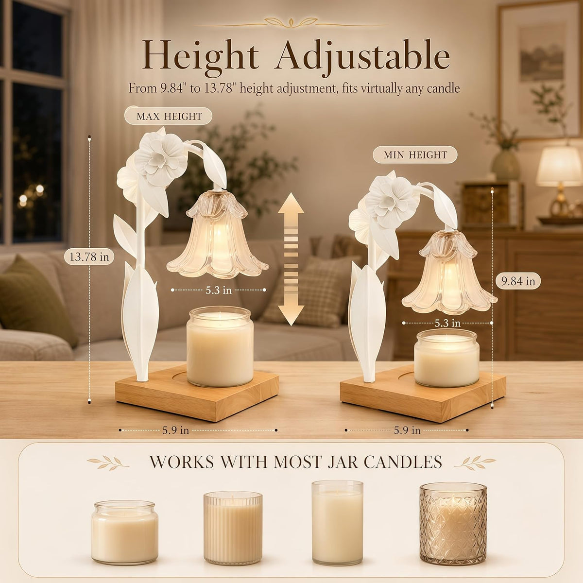 Candle Warmer Lamp with Timer Dimmer, Adjustable Height Flower Candle Lamp Warmer, House Warming Gifts New Home Decor, Mothers Day Birthday Gifts for Women Mom Sister, Wax Melt Warmer for Jar Candles