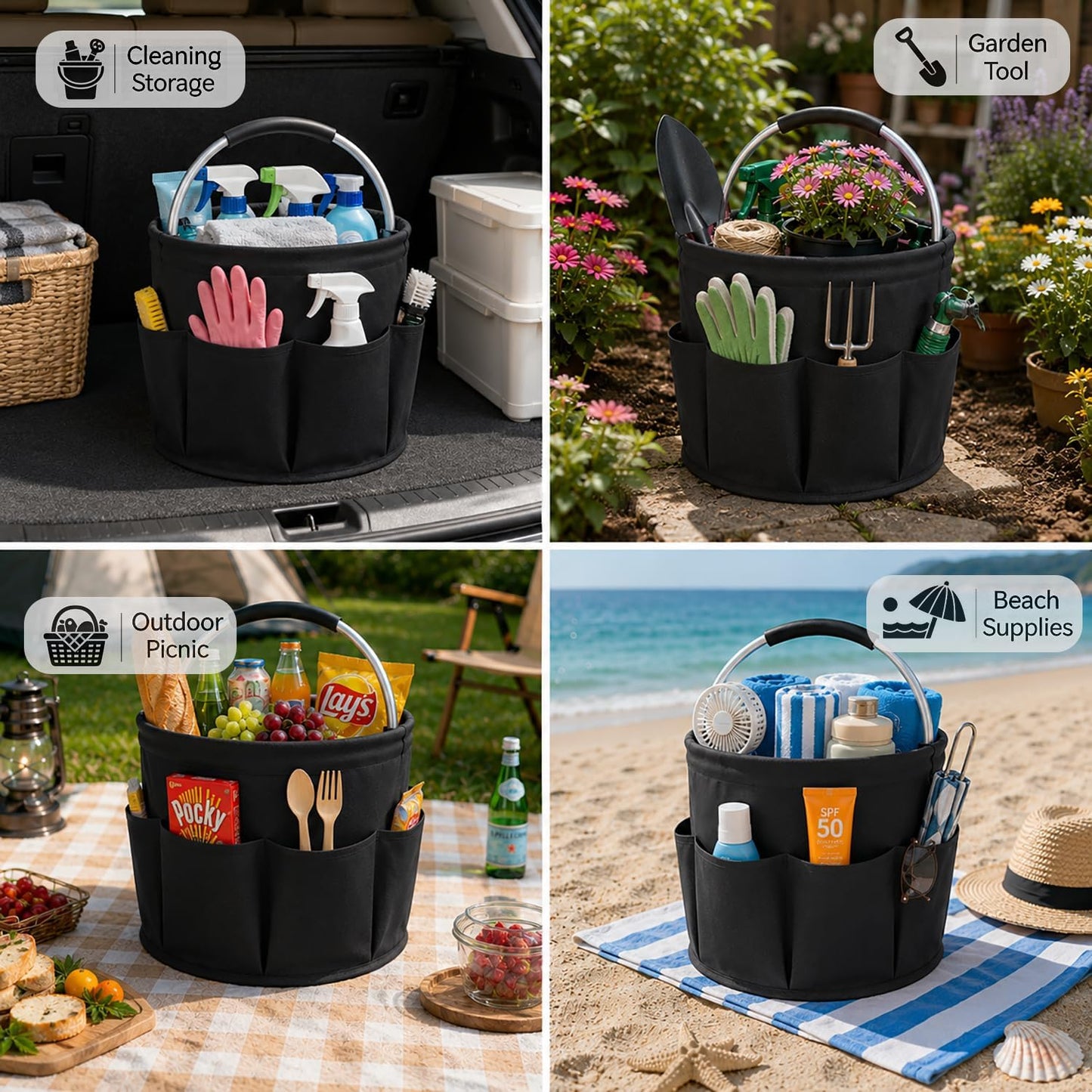 Cleaning Caddy with Handle, 17L Foldable Storage Basket, Heavy Duty 600D Oxford Cloth Organizer, Portable Supply Bag, Multi-Purpose Supplies Caddy for Home, Bathroom, Kitchen, Garden - Black