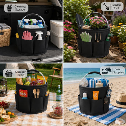 Cleaning Caddy with Handle, 17L Foldable Storage Basket, Heavy Duty 600D Oxford Cloth Organizer, Portable Supply Bag, Multi-Purpose Supplies Caddy for Home, Bathroom, Kitchen, Garden - Black