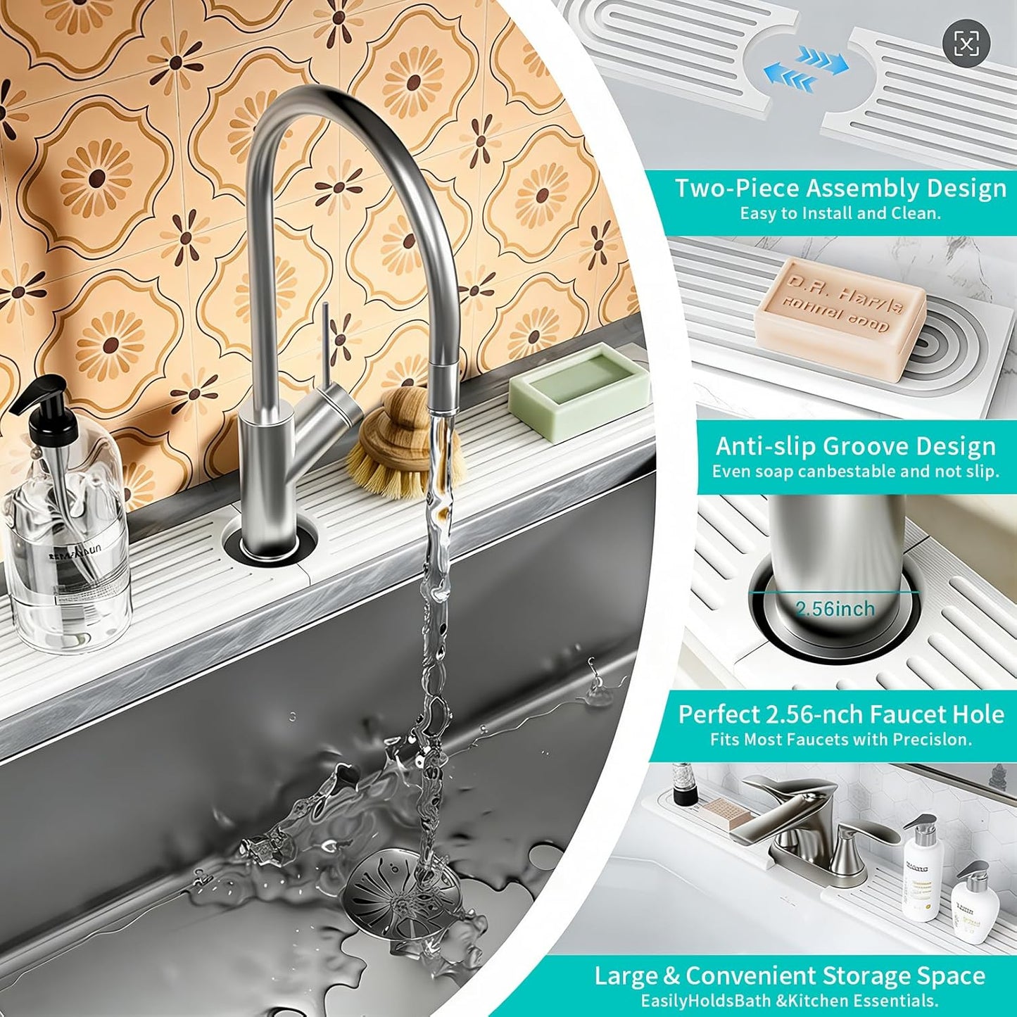 Absorbent Stone Faucet Mat for Kitchen Sink - 15.8" x 4" Diatomite Stone Sink Tray, Quick Dry Bathroom Sink Splash Guard Behind Faucet, Water Catcher Counter Protector (White)