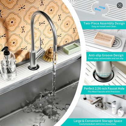 Absorbent Stone Faucet Mat for Kitchen Sink - 15.8" x 4" Diatomite Stone Sink Tray, Quick Dry Bathroom Sink Splash Guard Behind Faucet, Water Catcher Counter Protector (White)