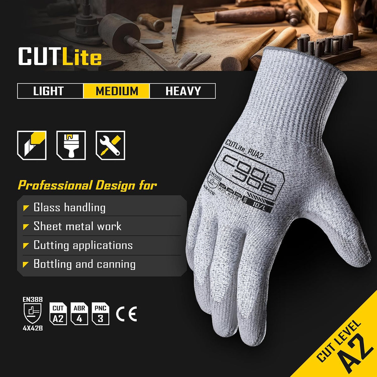 COOLJOB 12/120 Pairs Cut Resistant Work Gloves PU Coating, ANSI A2 A4 A6 A9