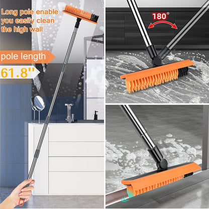 2 in 1 Floor Brush Scrubber with Long Handle Grout Brush 3 Poles 53.5'' New Upgrade Stiff Bristle Cleaning Scrub Brush with Squeegee 120°Rotating Tile Brush for Cleaning Bathroom Glass Patio Kitchen