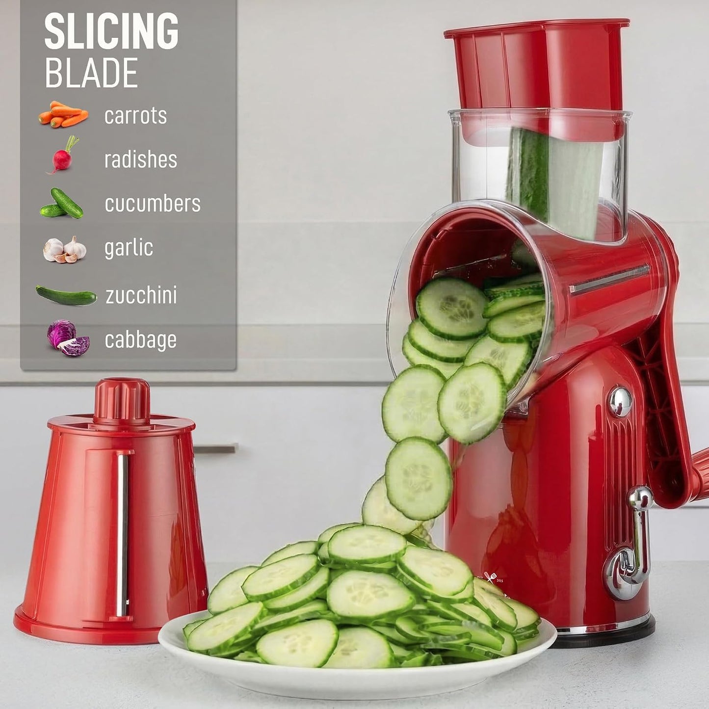 Zulay Kitchen Rotary Cheese Grater 5 Blade Cheese Shredder - Manual Hand Crank Cheese Grater With Reinforced Suction & 5 Interchangeable Drums - Easy to Use, Vegetable Chopper Round Mandoline Slicer - Colors B