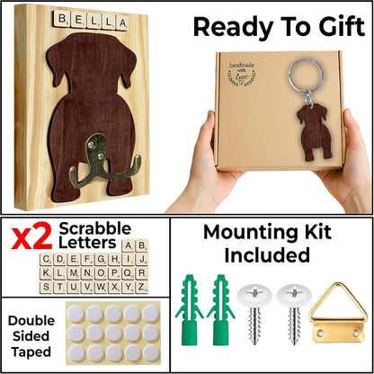 Dog Leash Holder Wall Mount, Pet Harness Hanger with Scrabble Letters, Dog Collar Organizer for Entryway, Memorial Cat Leash Holder for Wall, Pet Loss Gifts, Keepsake, Home Decor PF212-NAT
