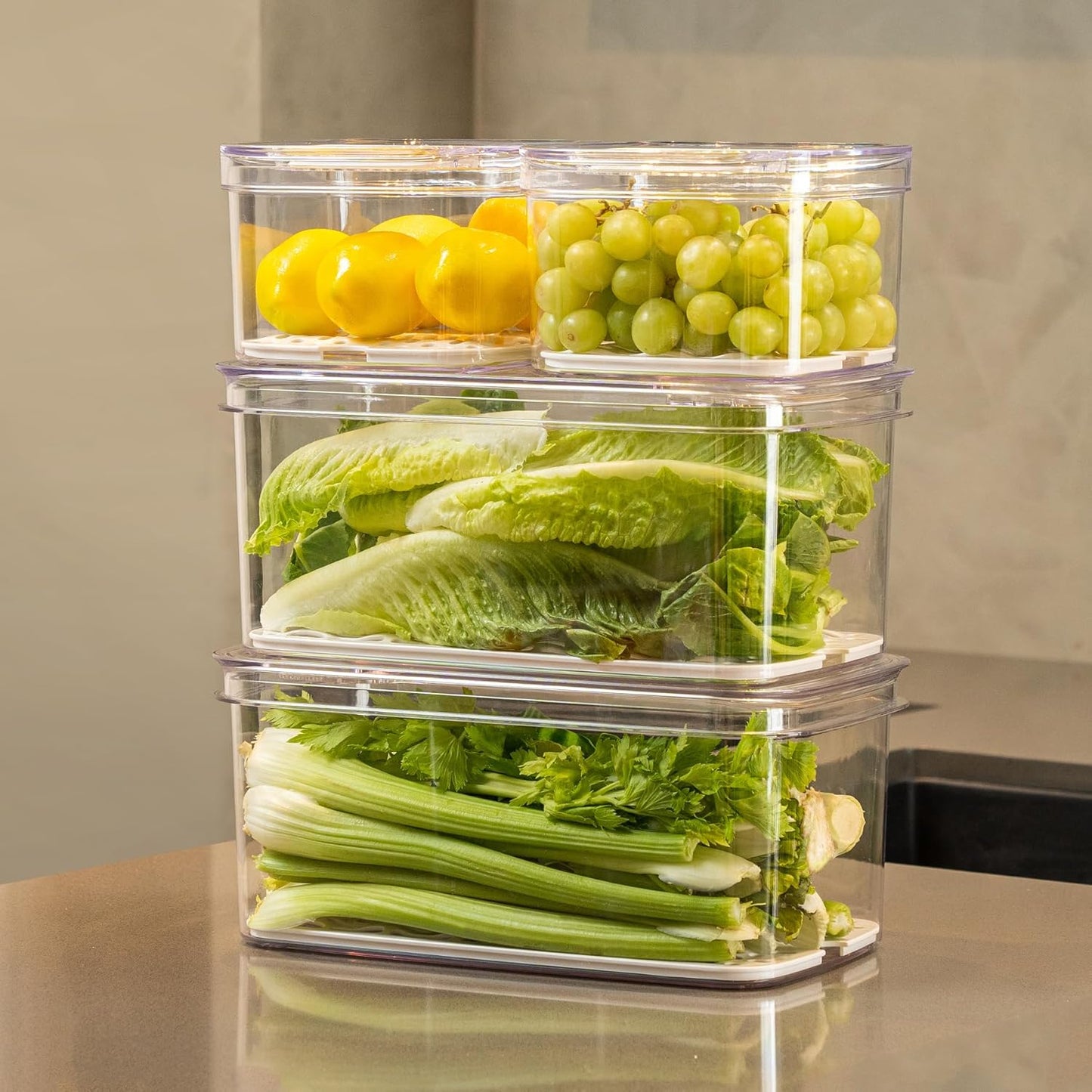 Felli Duo Fresh Produce Saver for Fridge, Fruit Vegetable Container with Vent & Drainage in Bottom for Wash, Colander Strainer Storage Bin for Refrigerator, Berry Lettuce Keeper