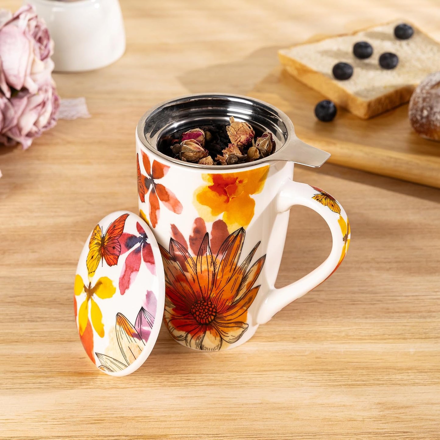 GBhome Tea Mug with Infuser and Lid,18 Ounce Ceramic Loose Leaf Cup Steeper