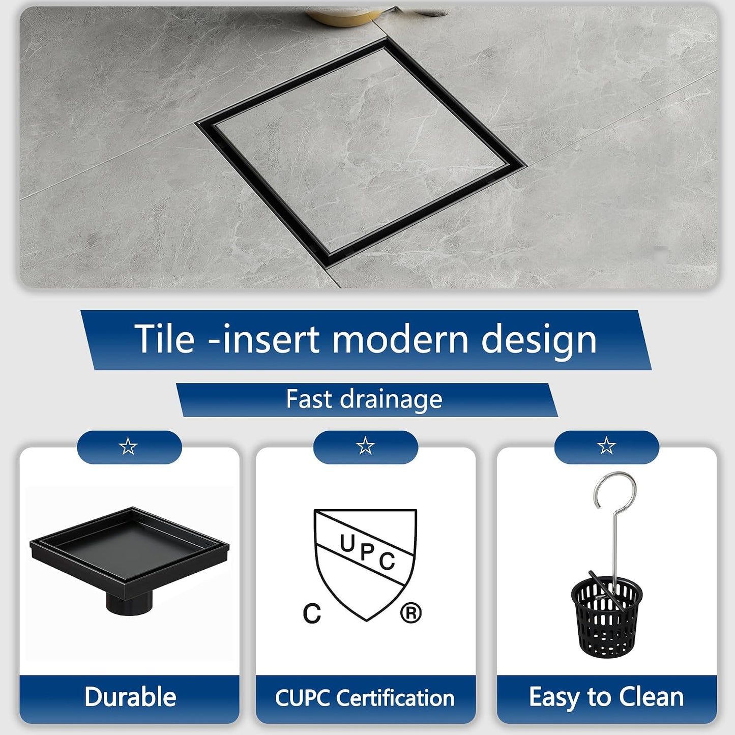 Neodrain 4" Brushed Square Shower Drain with Removable Tile Insert Grate | 304 Stainless Steel Tile Square Drain, Hidden Drain,Easy to Clean, Waterproof & Sturdy Shower Drain, CUPC Certified