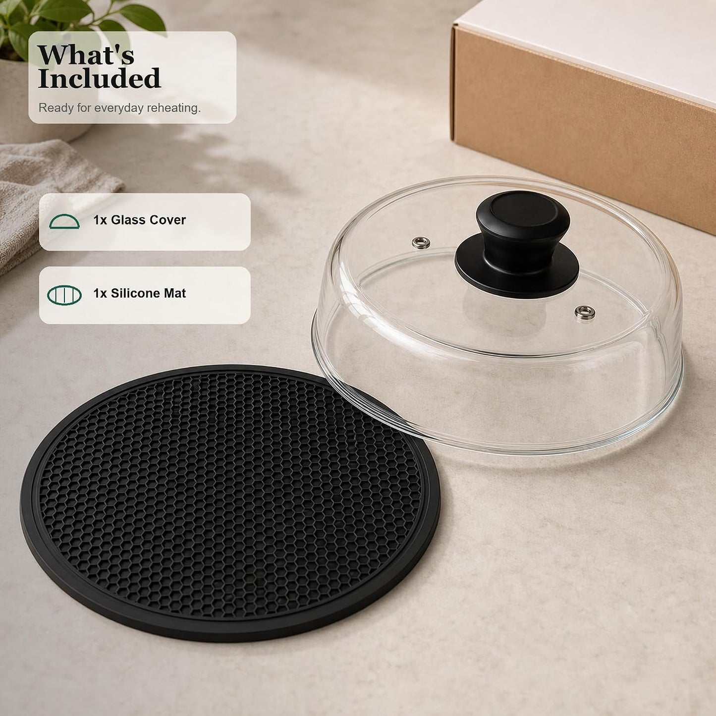 Glass Microwave Splatter Cover for Food, 10-Inch Borosilicate Glass Microwave Plate Cover with Vent Hole & Anti-Slip Silicone Mat, Tall Heat Resistant Microwave Food Cover, Dishwasher Safe