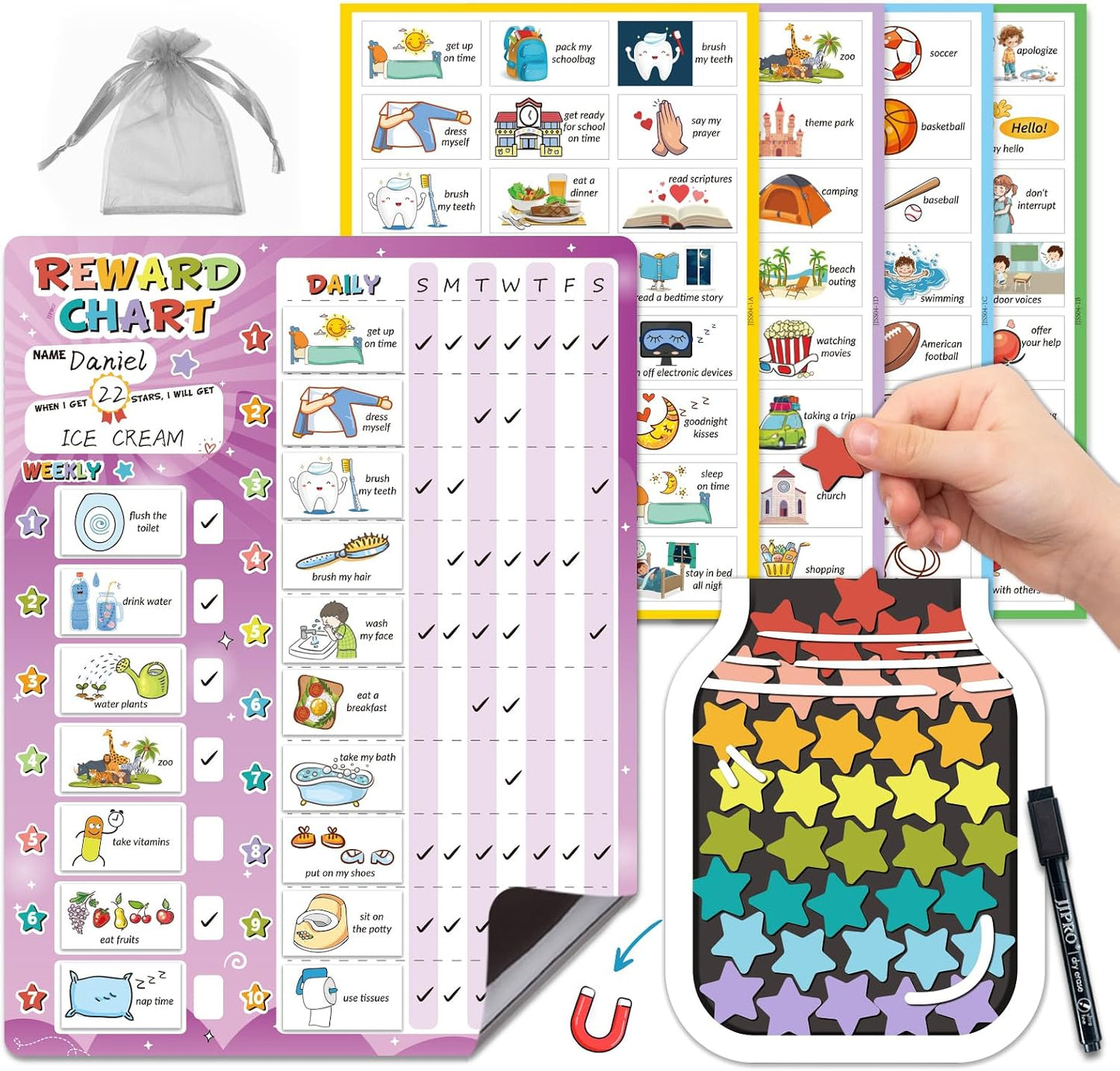 JJPRO Magnetic Bedtime/Morning/Daily Routine Chart for Kids with Reward Jar-Morning Routine Chart,Daily Checklist Reward Chart for Toddlers,Reward Jar for Kids,Cute Visual Schedule Board for Home