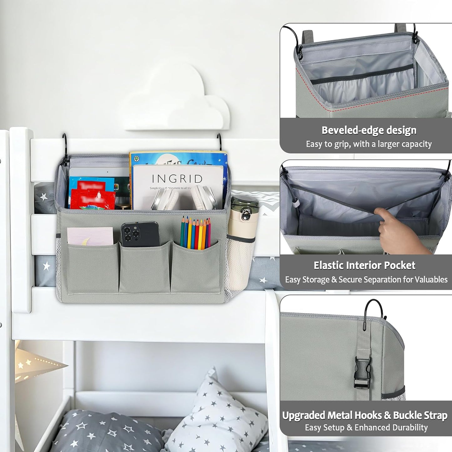 Loghot Bedside Caddy Organizer Bed Storage Bag for Dorm Hospital Crib White | 7 pockets bedside hanging organizer for phone books remotes, fits dorm hospital crib bunk beds, keeps organized easy access