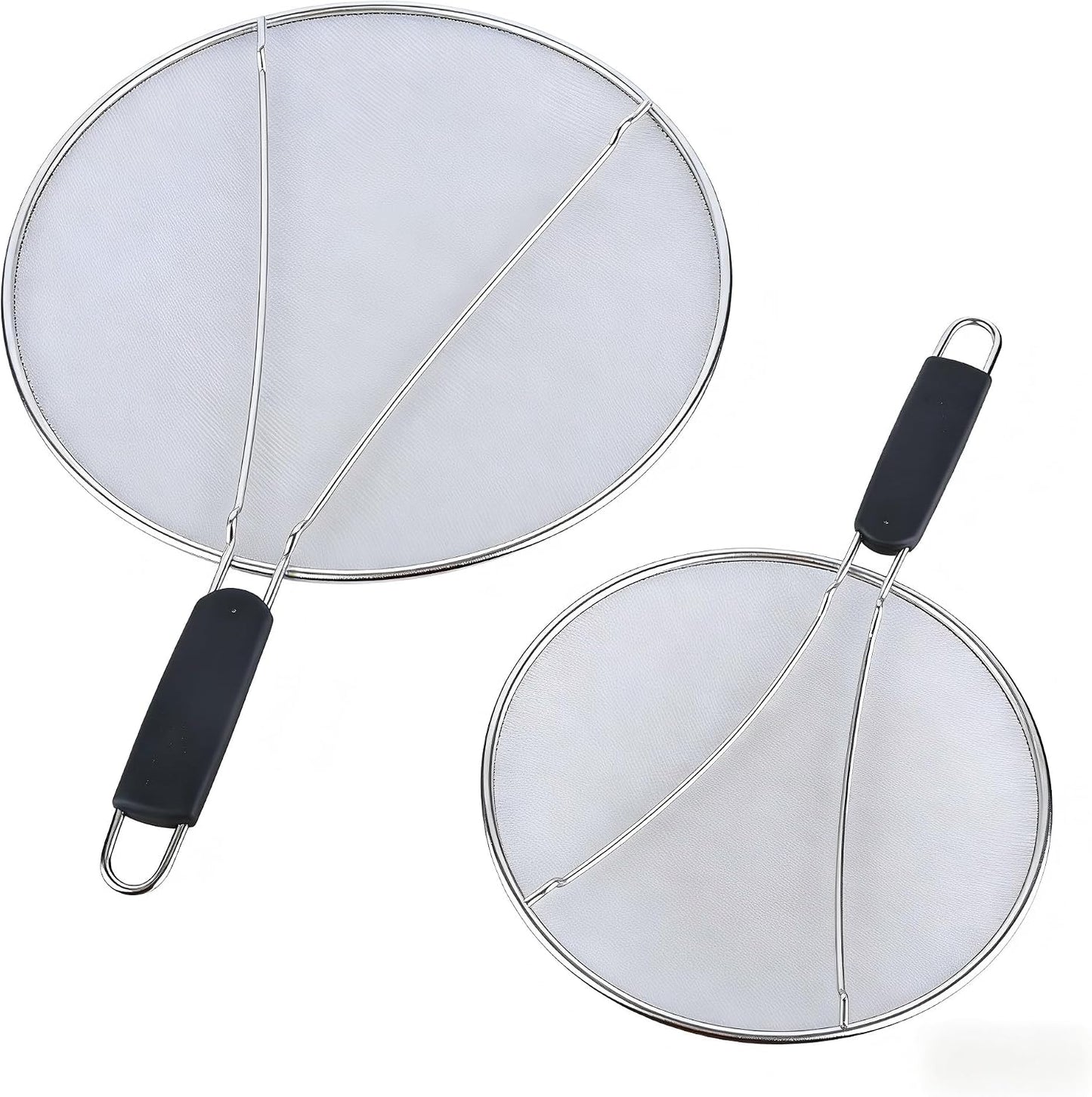 Stainless Steel Splatter Guard Fine Mesh For Pots Frying Pans(15in) | Rust-proof metal mesh blocks oil splashes while venting steam, heat-insulated grip, dishwasher safe, hangable flat storage