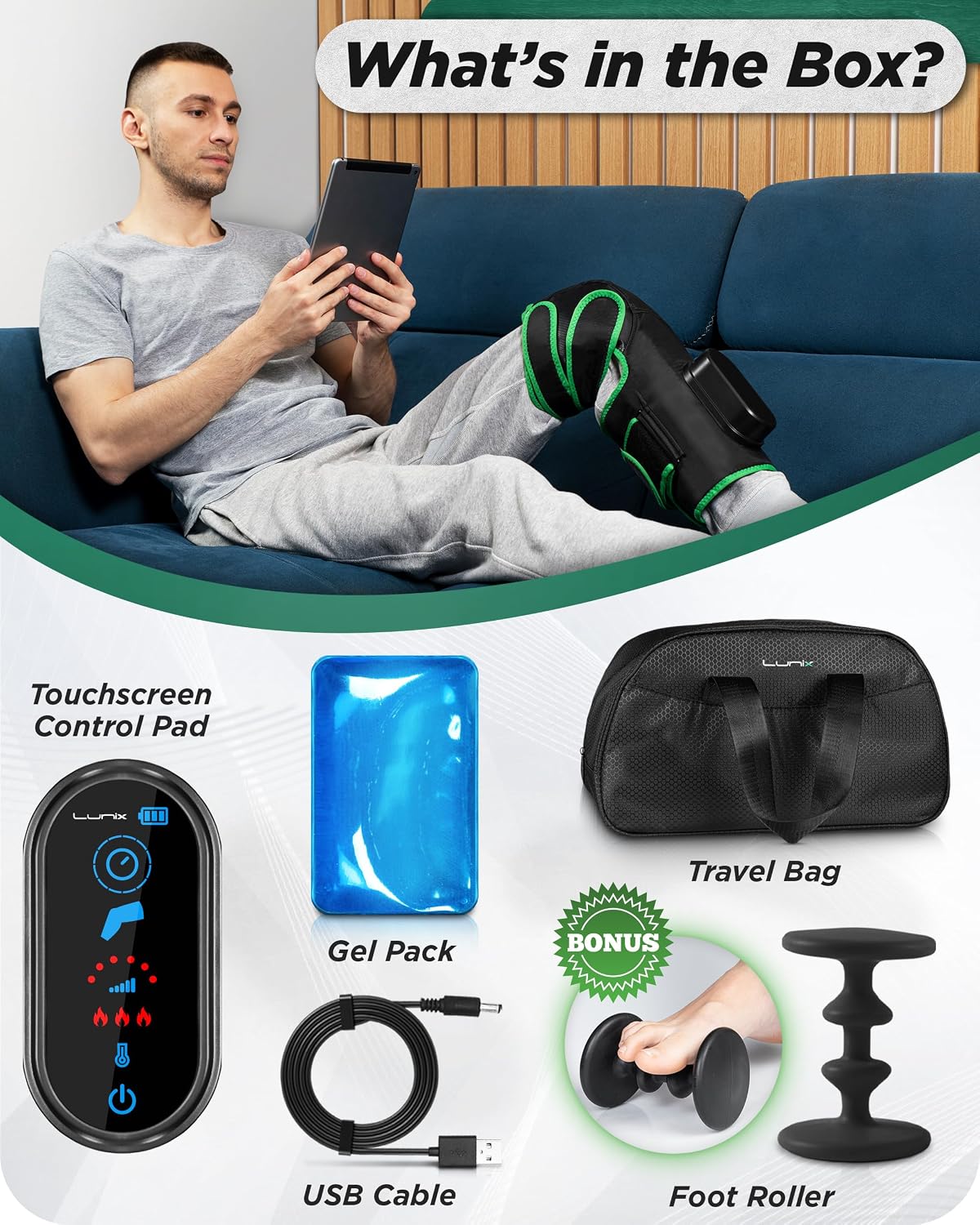 Lunix LX4 FSA Cordless Knee Massager with Heat, Compression & Vibration, Rechargeable Wrap for Knee, Calf & Thigh, Hot/Cold Therapy Option, Touchscreen Control for Everyday Comfort, Charcoal Black
