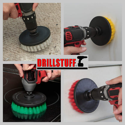 4in Soft, Medium and Stiff Drill Brush Attachment Power Scrubber Brush Set | 4 Piece Power Scrubbing Brushes Drill Attachment Kit - Spin Brushes for Cleaning Showers, Tubs, Bathroom, Tile, Grout, Carpet