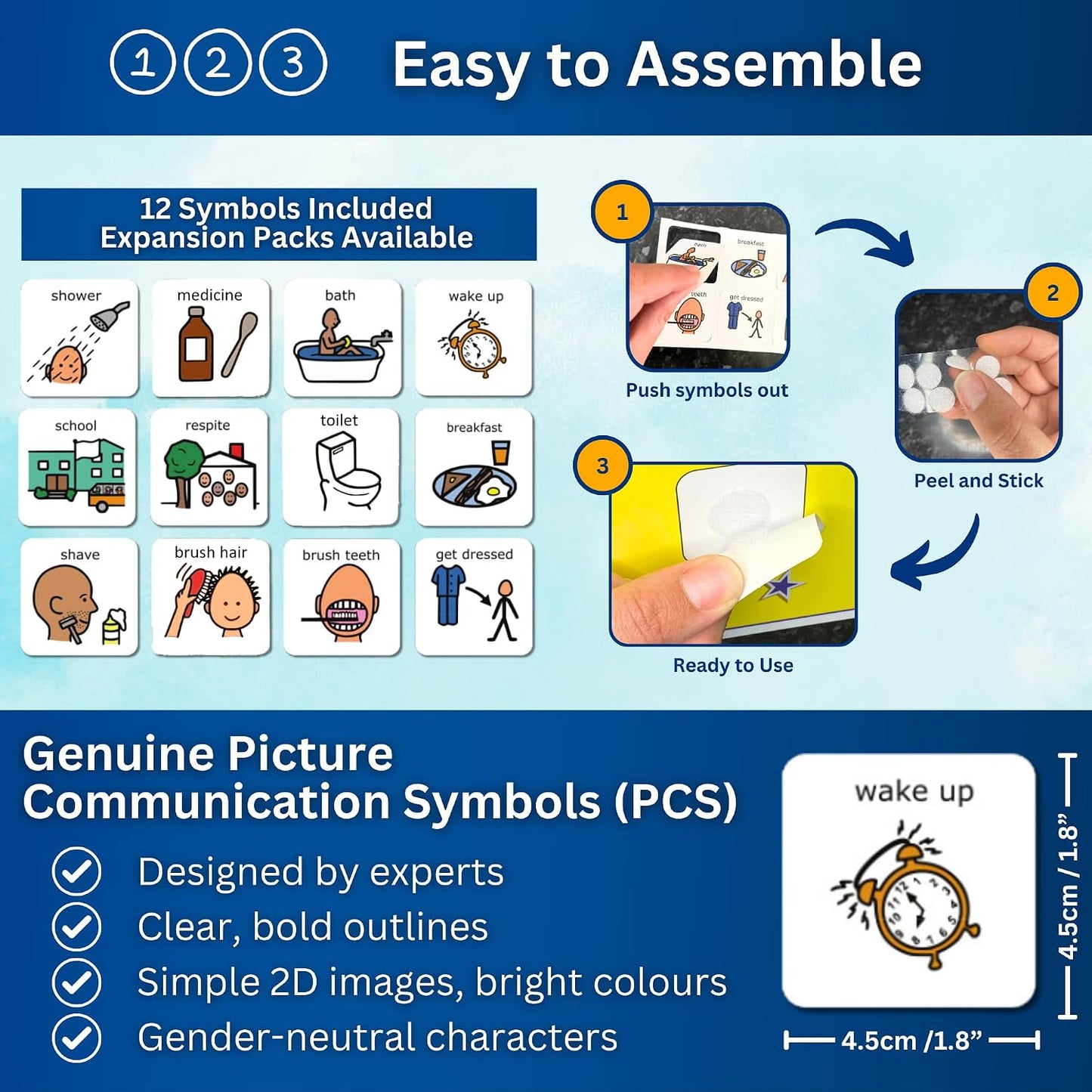 Morning Routine Chart, Visual Schedule for Kids with Autism/ASD (English) | Board 31 x 8 cm, 12 genuine Boardmaker symbols, 5 at once, 4.5 cm each, hook-and-loop, wipe-clean, PECS compatible