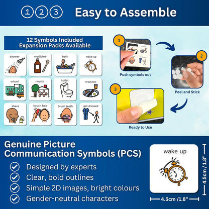 Morning Routine Chart, Visual Schedule for Kids with Autism/ASD (English) | Board 31 x 8 cm, 12 genuine Boardmaker symbols, 5 at once, 4.5 cm each, hook-and-loop, wipe-clean, PECS compatible