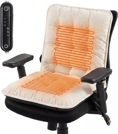 Suchtale Plug-in Heated Seat Cushion, Corduroy Heating Chair Pad with 3 Heat Levels & Timer, Fast-Heating 5V2A Input, Soft Thick Padding for Office, Home & Indoor Seating –White
