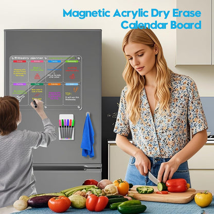 Acrylic Magnetic Weekly Meal Planner for Fridge, Clear Week Calendar Planning Board for Kitchen Refrigerator, Reusable Dry Erase Noteboard for Menu/Grocery/to Do/Shopping List, 11.8'' × 15.7''