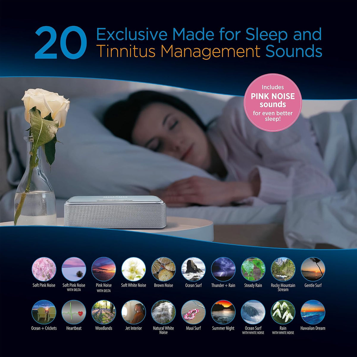 Sound Oasis Bluetooth White Noise Machine – Portable Sound Machine with 20 Non-Looping Nature, Pink & Brown Noise Sounds, Tinnitus Masker for Sleep, Baby, Office & Travel, Rechargeable