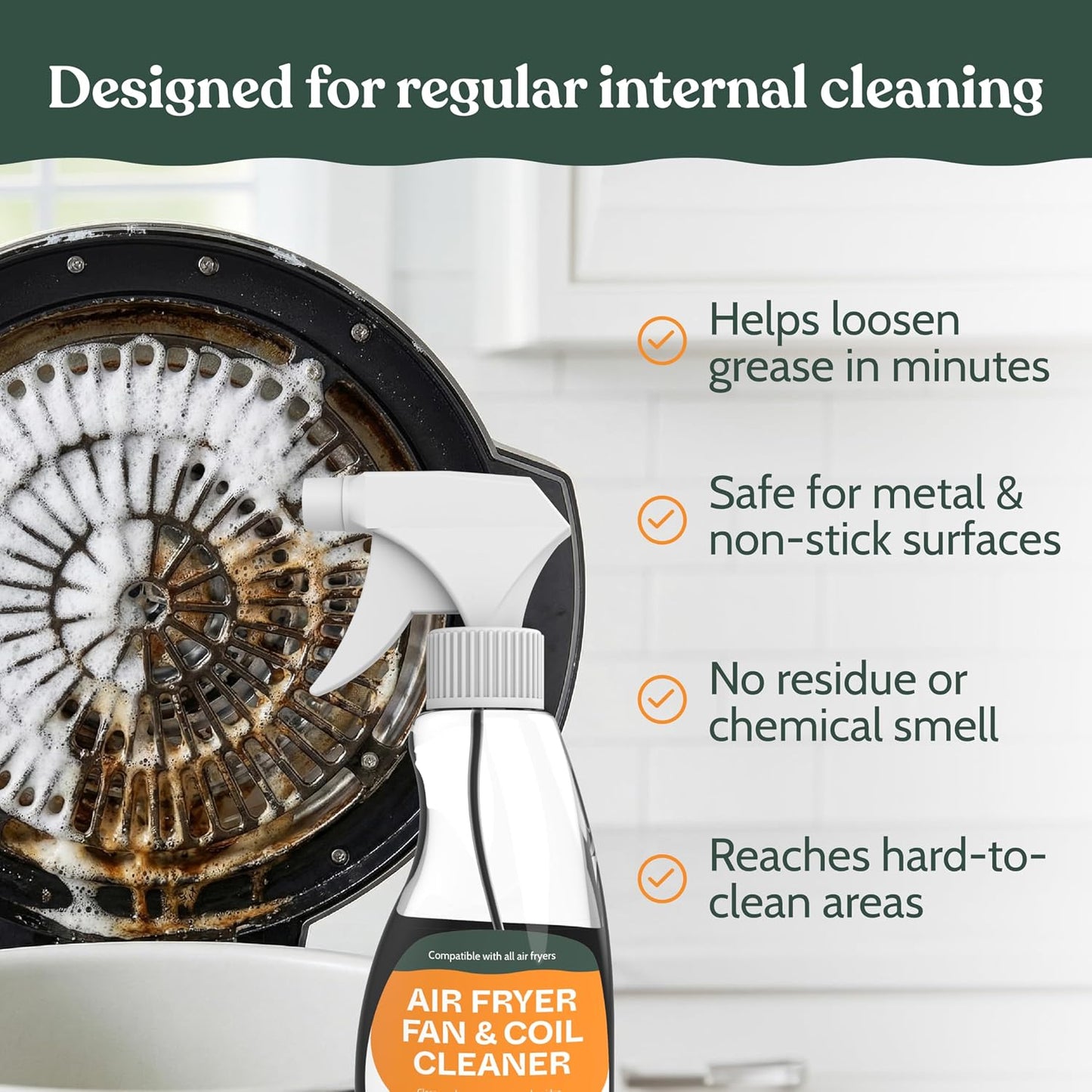 Roobi Air Fryer Cleaner, 6 Powder Sachets + Brush | Deep Cleans Drawer, Basket & Grill Without Scrubbing, Coating-Safe, Food-Contact Safe, Organic