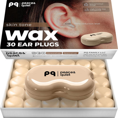 Peace&Quiet PQ Wax Ear Plugs for Sleeping - 30 Silicone Wax Earplugs for Sleeping and Swimming, Gel Ear Plugs for Noise Cancelling, Sound Blocking Level of 32 Db (30 Pillows), Color: White