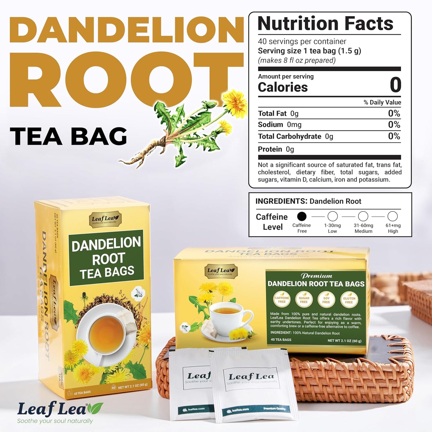 LeafLea 40 Turmeric Ginger Cinnamon Tea Bags, 100% Natural Ingredients Herbal Tea, Turmeric Ginger Herbal Blend for Wellness, Vegan, No Sugar, Caffeine-Free, Individually Wrapped for Freshness