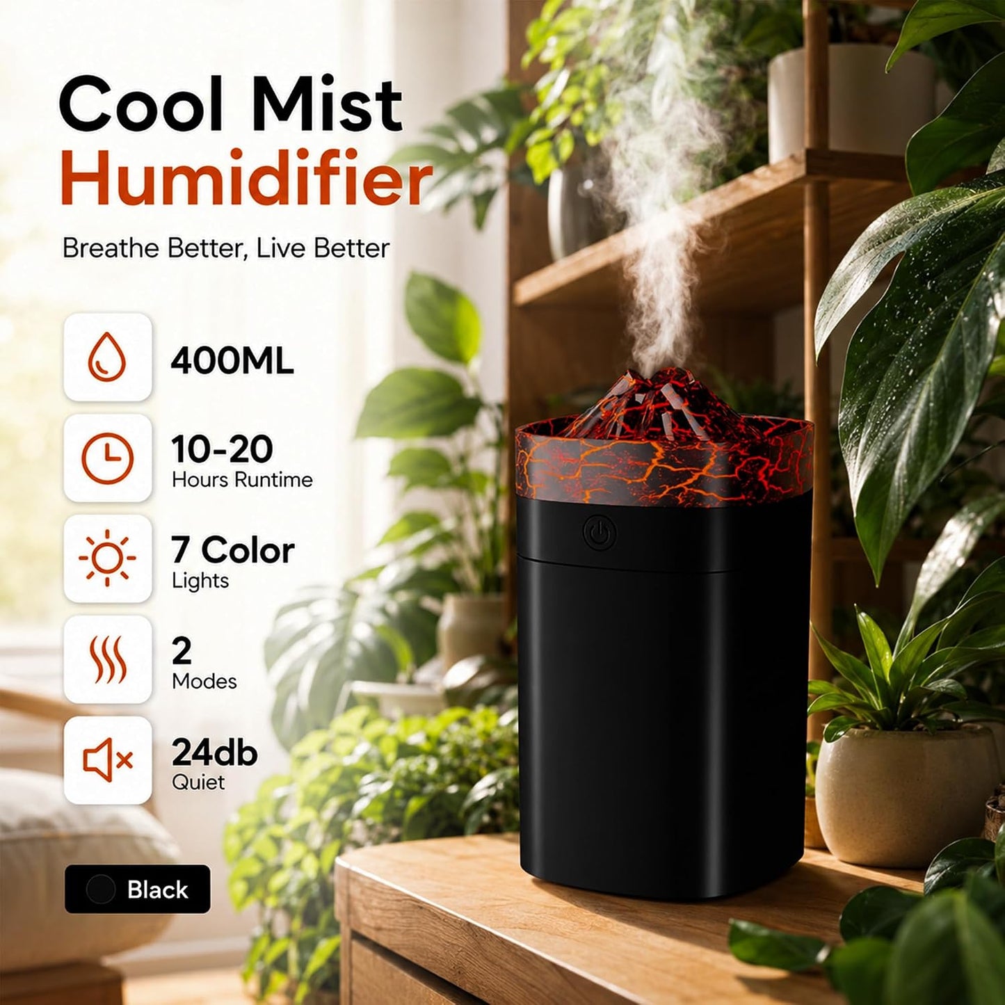300ml Cool Mist 7 Colorful Lights Humidifier, 10-20 Hour Runtime for Plants | USB 24dB small Brown humidifier, 7 color lights & 2 mist modes, auto shut-off for bedroom, baby nursery, home office