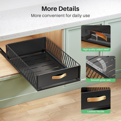 Pull out Cabinet Organizer,Heavy Duty Slide out Pantry Shelves Drawer Storage with Adhesive Nano Film,Sliding Mesh Cabinet Basket with Handle for Kitchen, Bathroom, Home, 11.8"W X 15.7"D X6.2"H,Black