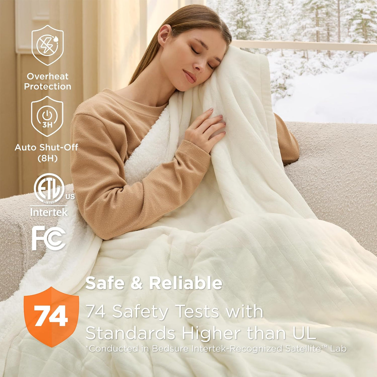 Bedsure Heated Blanket Throw, Soft Electric Blanket with Preheat, Cream