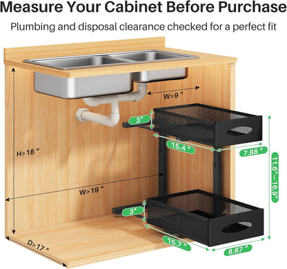 Under Sink Organizer, 2 Tier Pull out Cabinet Organizer Baskets with Mesh Sliding Drawers, Slide out Storage Shelf for Home, Kitchen, Bathroom, Pantry, Office Cabinet, Countertop(1 Pack)