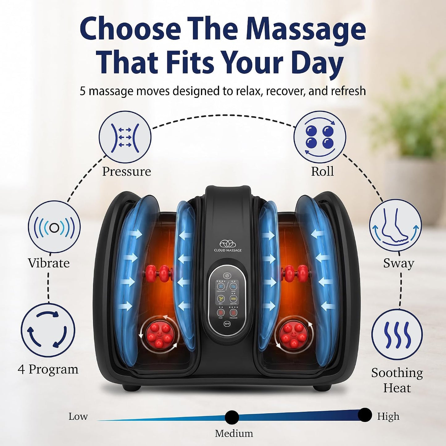 Shiatsu Foot Massager with Heat, Standard Size, White | Deep Kneading & Compression, Adjustable Intensity, Multi-Mode Leg and Foot Massager with Remote Control, Anti-Slip Base