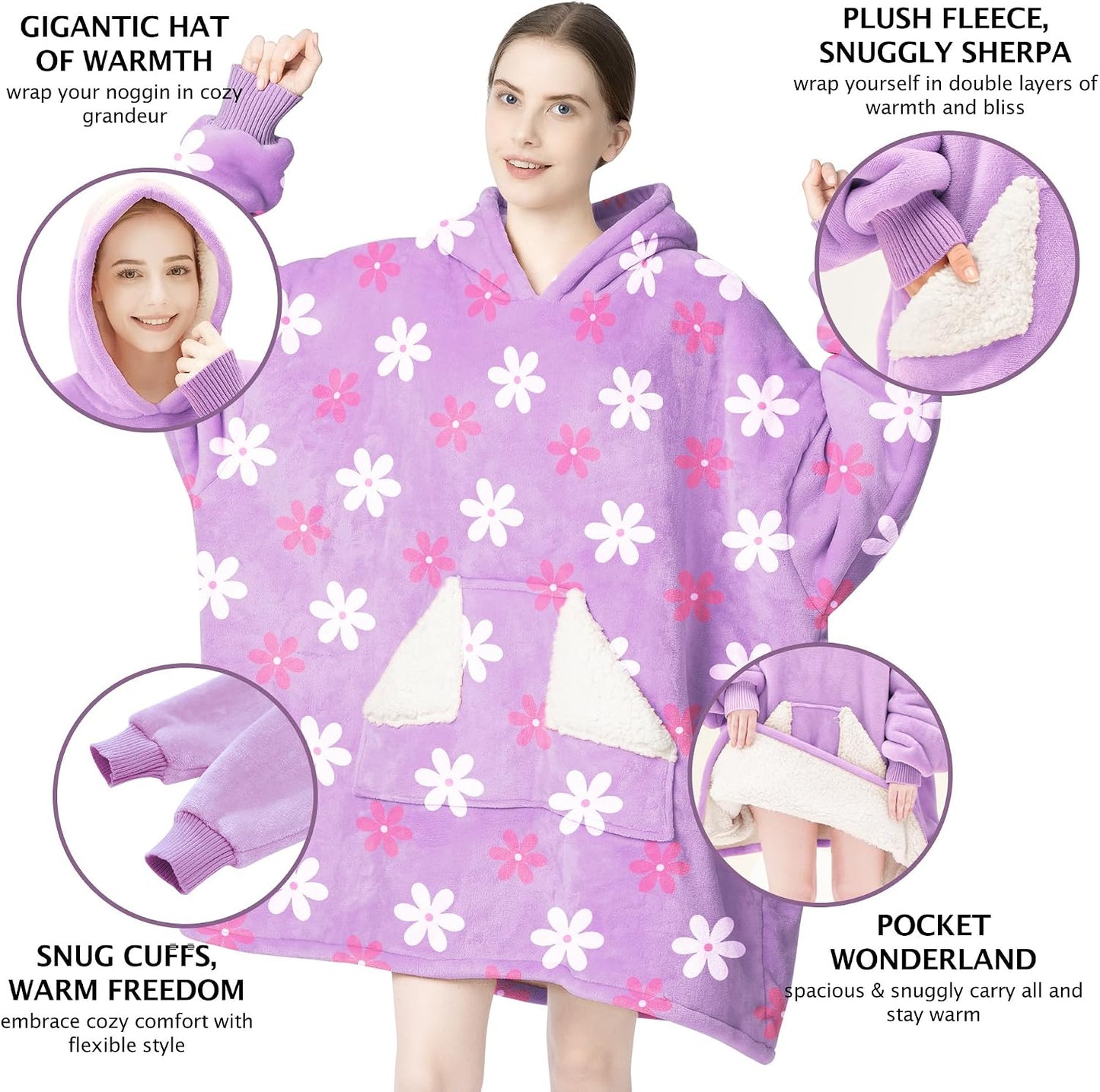 Wearable Blanket Hoodie, Oversized Sherpa Fleece Sweatshirt Blanket with Giant Hood Pocket and Sleeves for Adult, Warm & Cozy Grey Blanket Gifts for Women