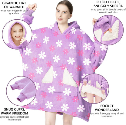 Wearable Blanket Hoodie, Oversized Sherpa Fleece Sweatshirt Blanket with Giant Hood Pocket and Sleeves for Adult, Warm & Cozy Grey Blanket Gifts for Women
