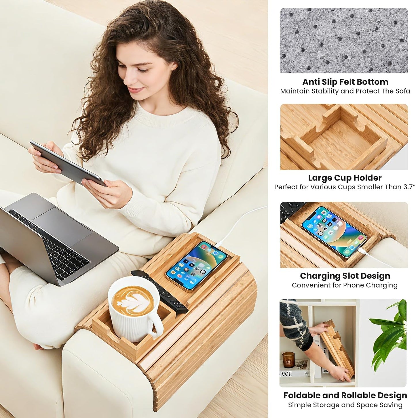GEHE Couch Cup Holder, Anti Falling Sofa Arm Tray, Natural Bamboo Sofa Cup Holder More Safe for Your Family, Portable Couch Arm Tray Armrest Table for Remote, Snacks, Drinks