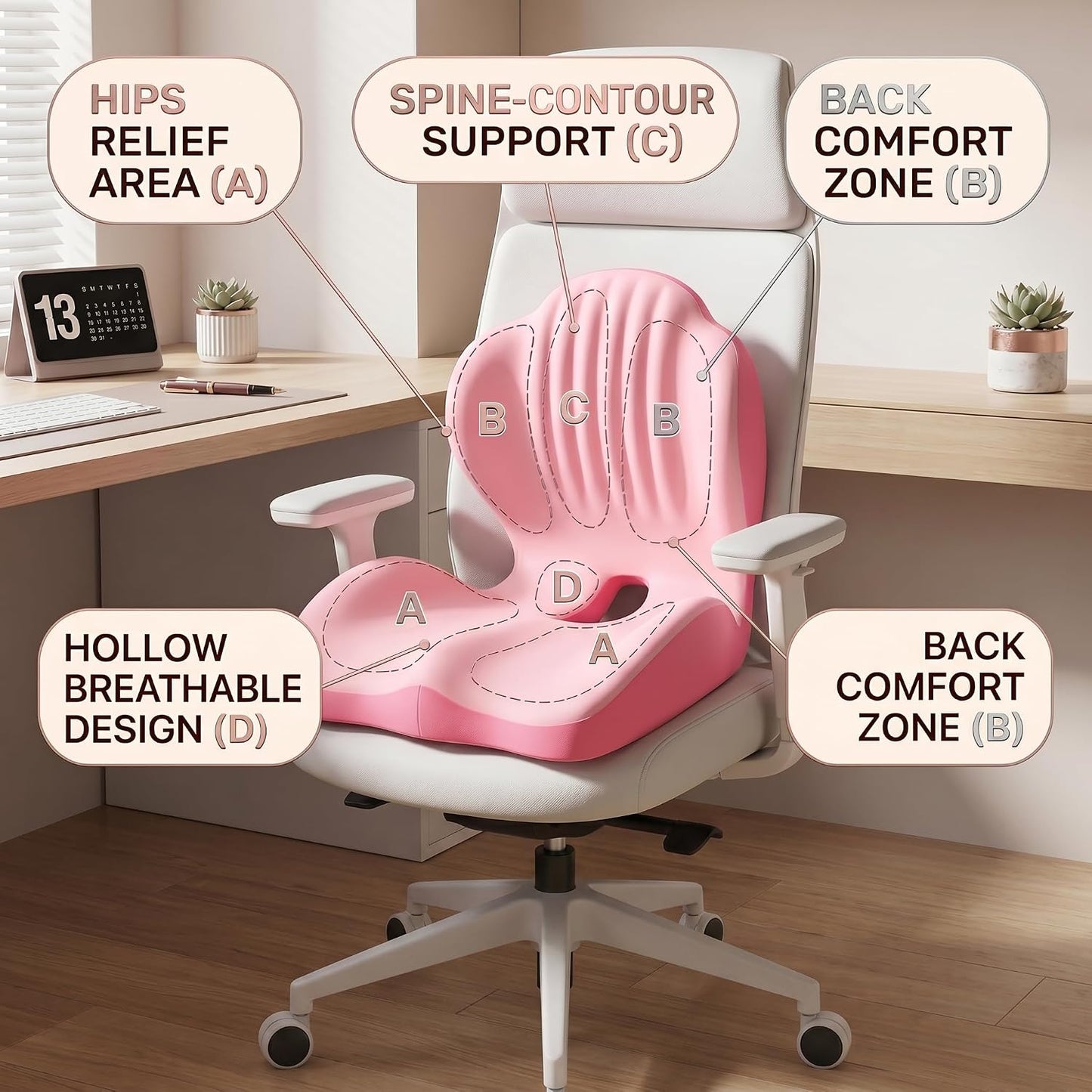 Ergonomic Seat Memory Foam Support Cushion for Back, Car Seat Back Support Cushion for Sciatica Tailbone Pain, Office Desk Chair Car Travel Seat Cushion (Pink)