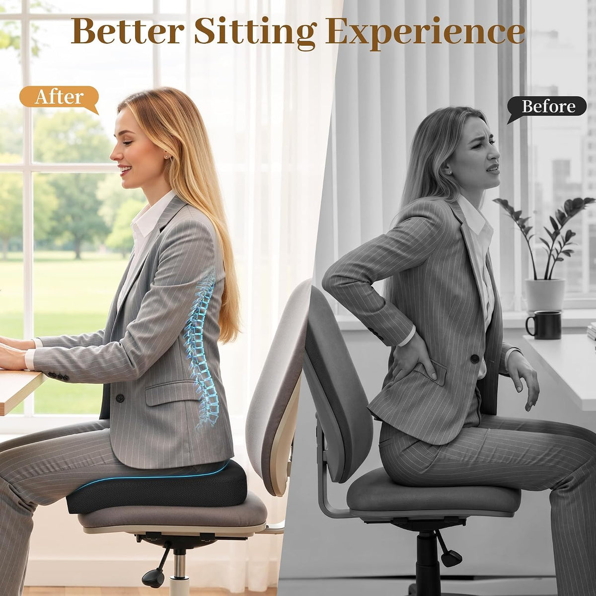 TranquilRelax Memory Foam Seat Cushion for Office Chair, 3-Inch, Black
