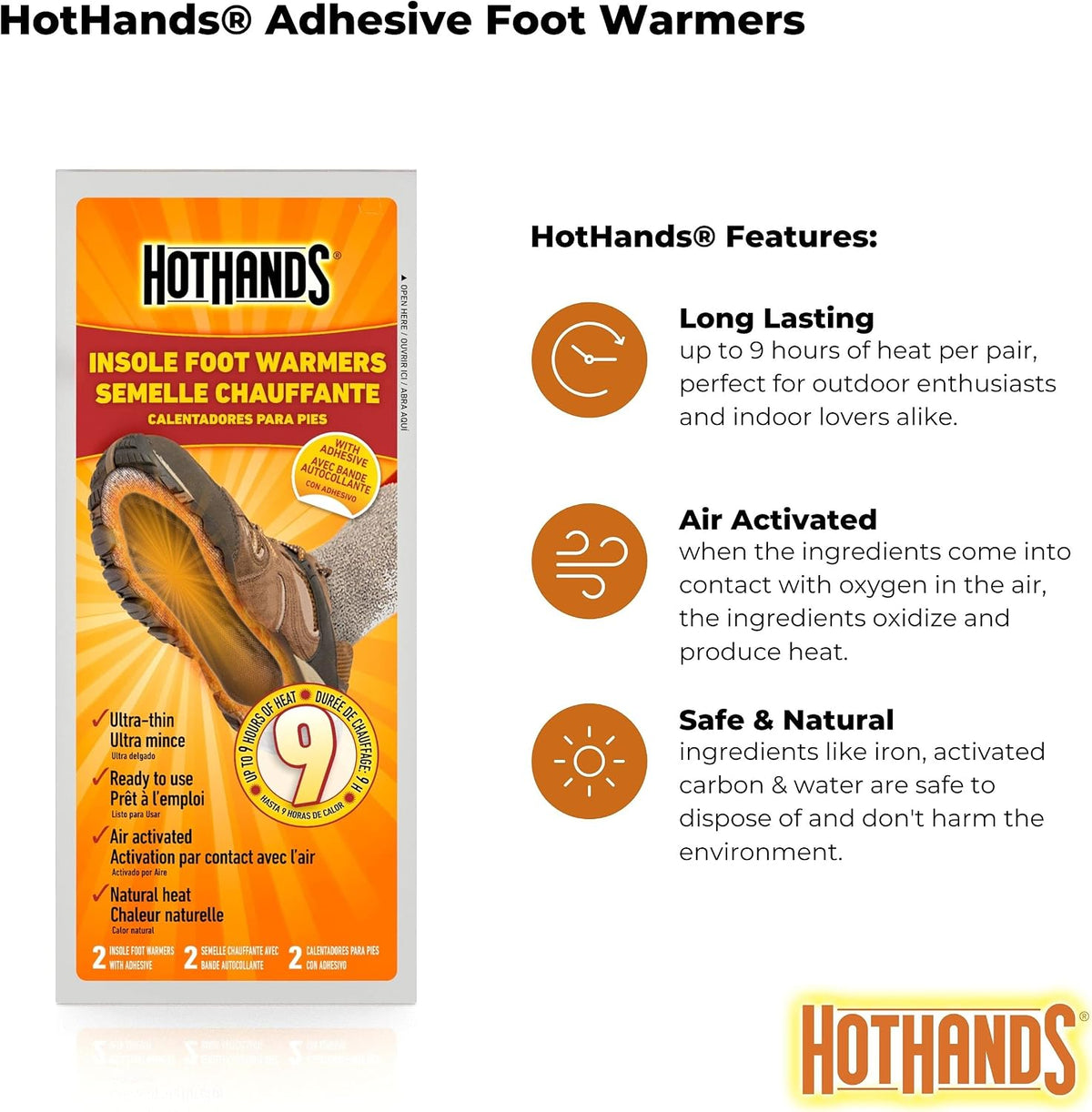 HotHands Insole Foot Warmers - Long Lasting Safe Natural Odorless Air Activated Warmers - Up to 9 Hours of Heat - 16 Pair, Black