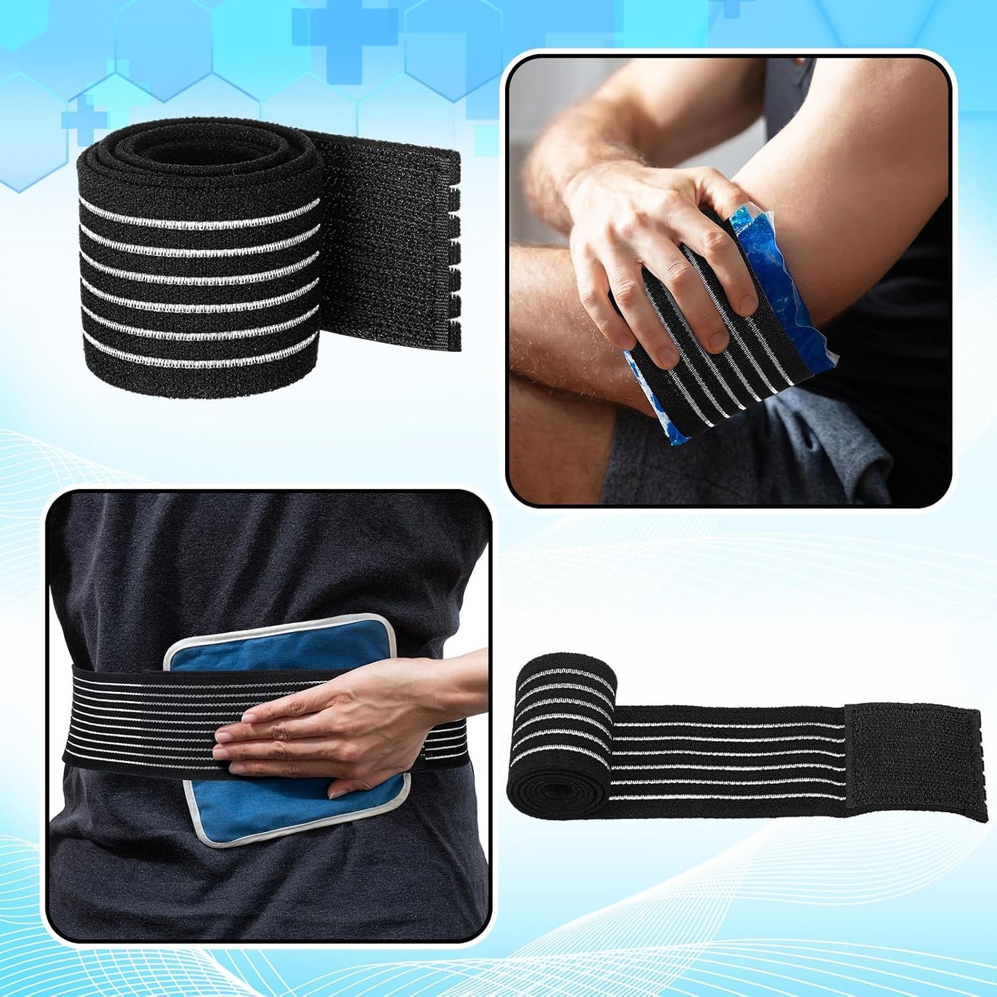 Geiserailie Ice Pack Strap Stretchable, 4 Size Elastic Reusable Ice Belt Extender, Adjustable Hook and Loop Extension Straps Add Length to Most Hot Cold Therapy (4 Pcs,Blue)