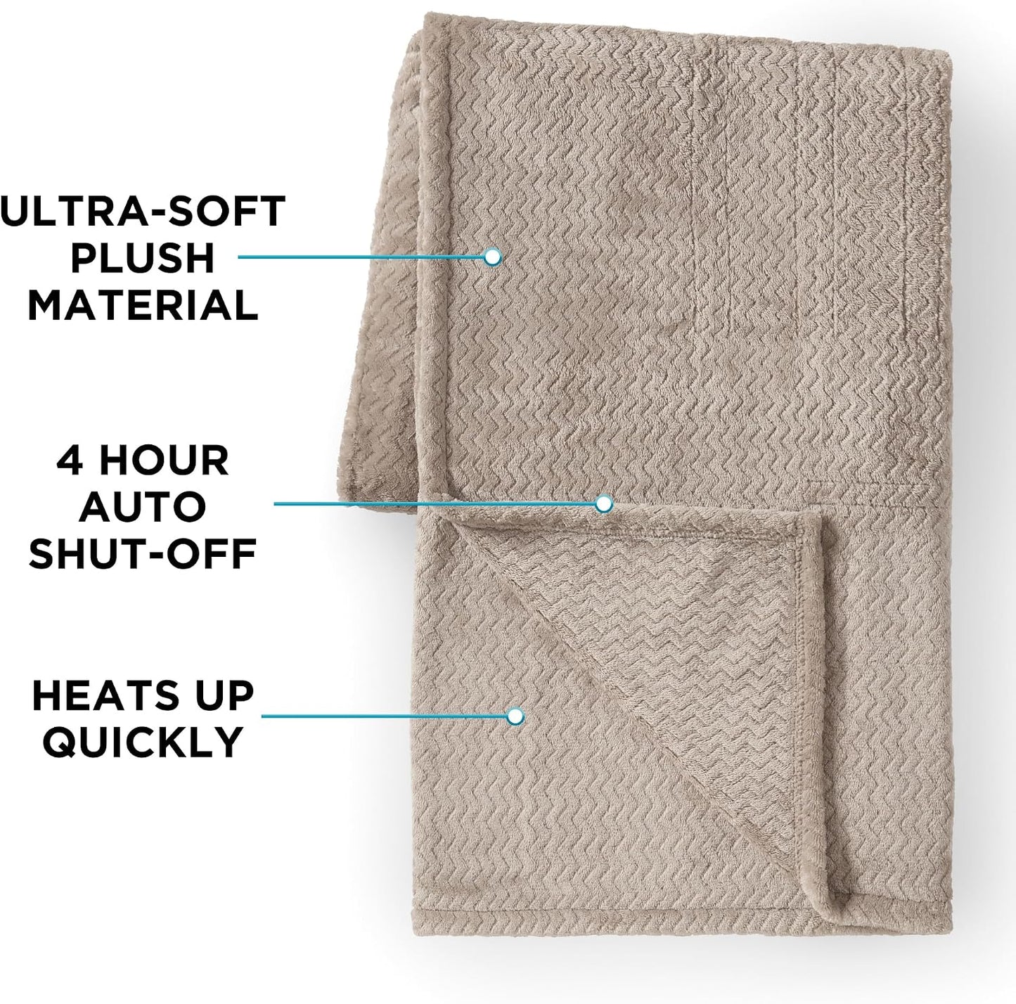Brookstone Electric Heated Plush Throw - Heated Blankets - 4 Heat Settings, 4-Hour Auto Shut Off, 100% Polyester, 50"x60" - Blue Trellis