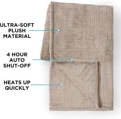 Brookstone Electric Heated Plush Throw - Heated Blankets - 4 Heat Settings, 4-Hour Auto Shut Off, 100% Polyester, 50"x60" - Blue Trellis