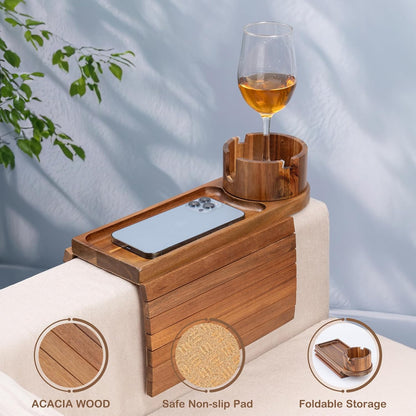 Couch Cup Holder for Armrests Over 4.9" Wide with 360° Phone Stand Walnut | Couch Arm Tray with 360° Rotating Phone Stand, 3 in 1 Foldable Sofa Arm Tray Table for Remote, Snacks, Phone, Drinks