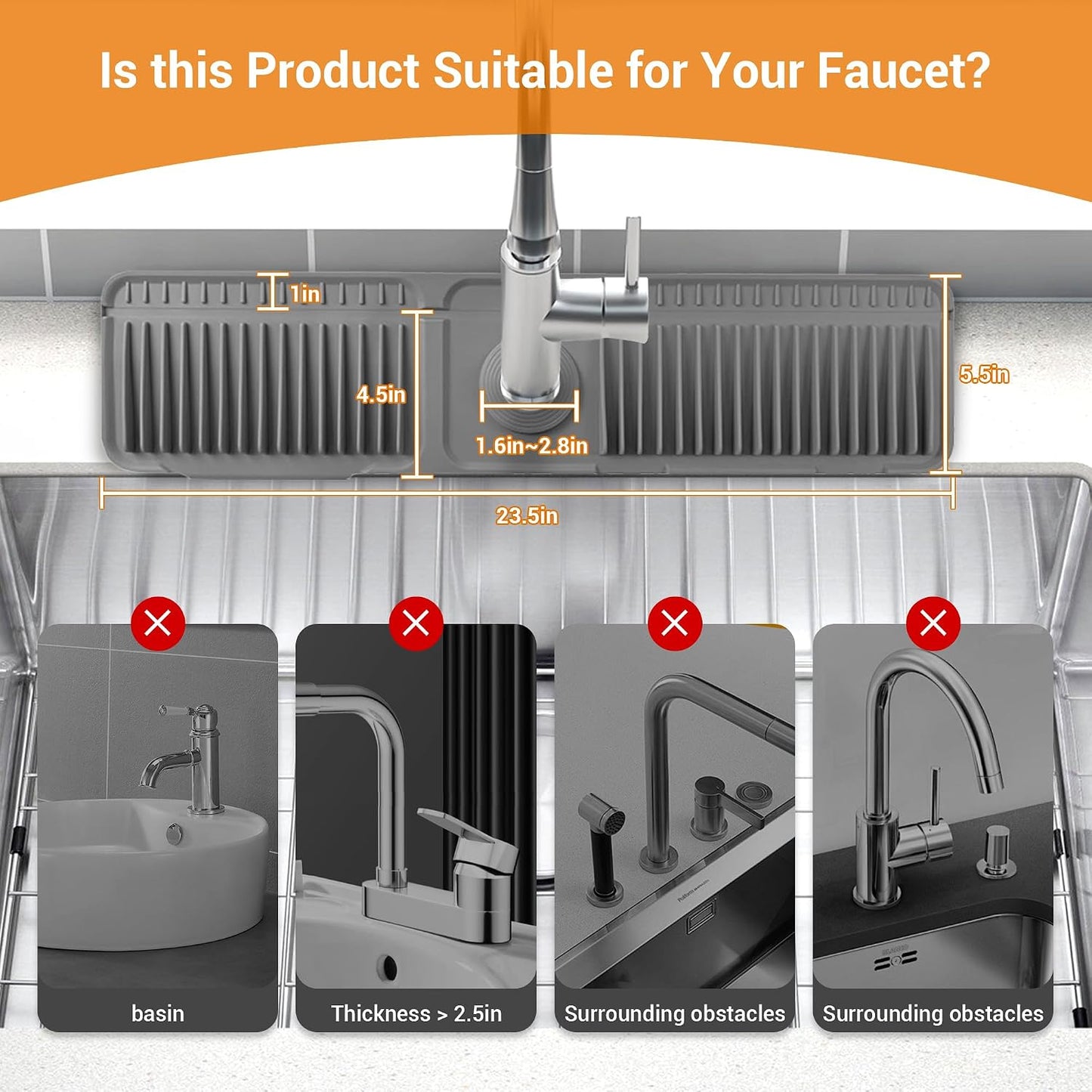 ZJWZLG Faucet Mat for Kitchen Sink, 14"X5.5" Silicone Sink Splash Guard , Snap-On Design & 7°slope Fast Drain, Folding Sink Faucet Mat for Universal Kitchen Bathroom Sink(Grey)