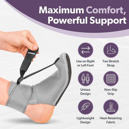BraceAbility Plantar Fasciitis Night Splint Sock - Plantar Fascia Boot for Sleeping, Achilles Tendonitis Relief, Foot Drop, Heel Pain - Planter Facetious Brace for Women and Men - Gray (L)