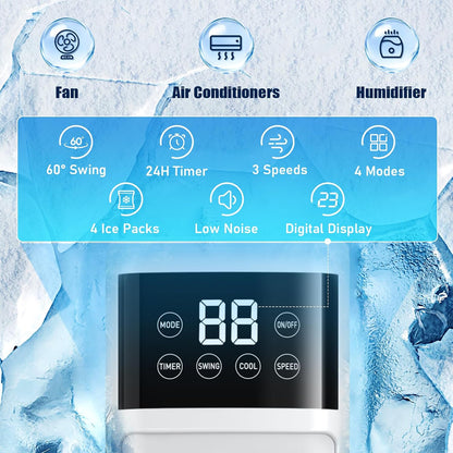 Portable Air Conditioners for Room, 3-in-1 Evaporative Air Cooler, Fast Cooling Portable AC Unit/24H Timer, Remote Oscillating Tower Fan, 4 Modes 3 Speeds, Quiet Swamp Cooler for Bedroom Office