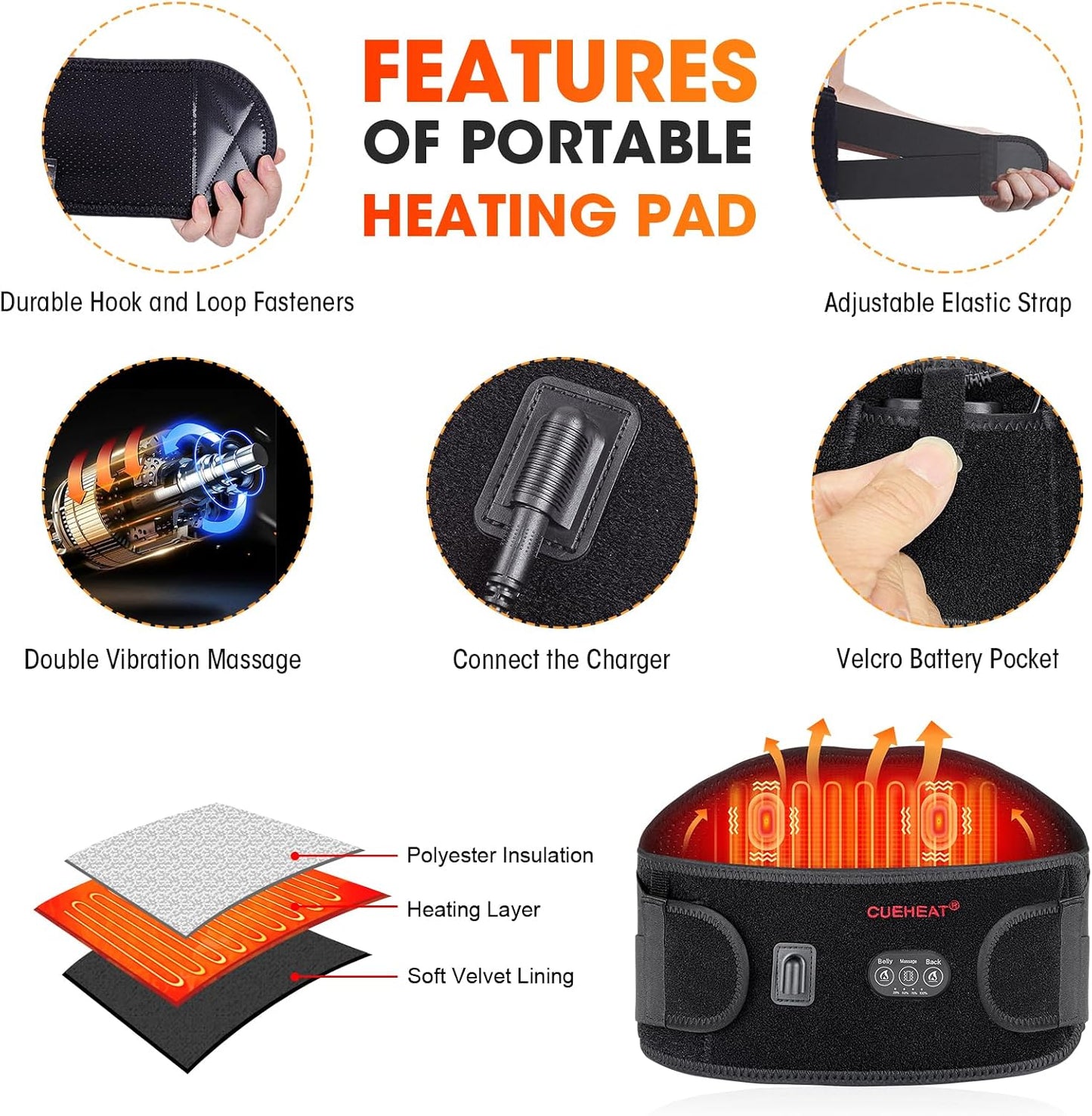 CUEHEAT Heated Waist Belt with Massage - Cordless Lower Back Heating Pad | 3 Heat Settings, 3 Vibration Modes, 7.AV Rechargeable Battery, Adjustable Fit for Wearable Lower Back Warmth